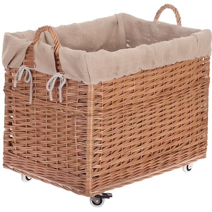 Coffre de rangement en osier ,Panier à linge rectangle en osier avec roulettes et doublure en jute