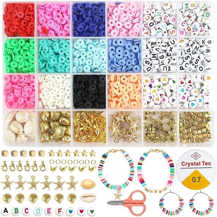 Perles Lettres pour DIY Bijoux Collier Bracelet Perles Plates Perles pour Bijoux Perles heishi 6mm avec Corde en Cristal et Les Ciseaux Hanbee Kit Perle Enfant 4270 pcs Perles pour Bracelet