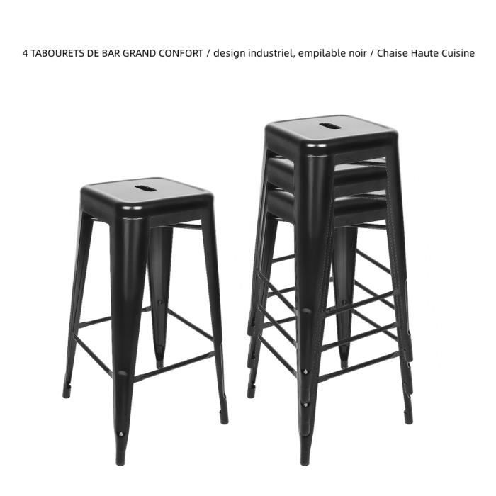 Lot de 4 tabourets de bar grand confort design industriel noir