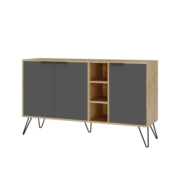 Buffet bas BOBOCHIC YORGA - Chêne / Anthracite - 2 portes - Pieds métal épingle - 3 niches de rangement Buffet bas BOBOCHIC YORGA - Chêne / Anthracite - 2 portes - Pieds métal épingle - 3 niches de rangement