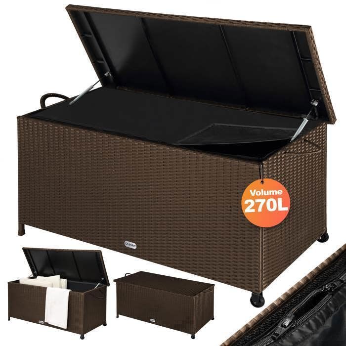 Coffre de jardin CASARIA® extérieur XXL Marron - Malle de rangement avec roulettes 270 L étanche Vérin à gaz 117x53x60cm