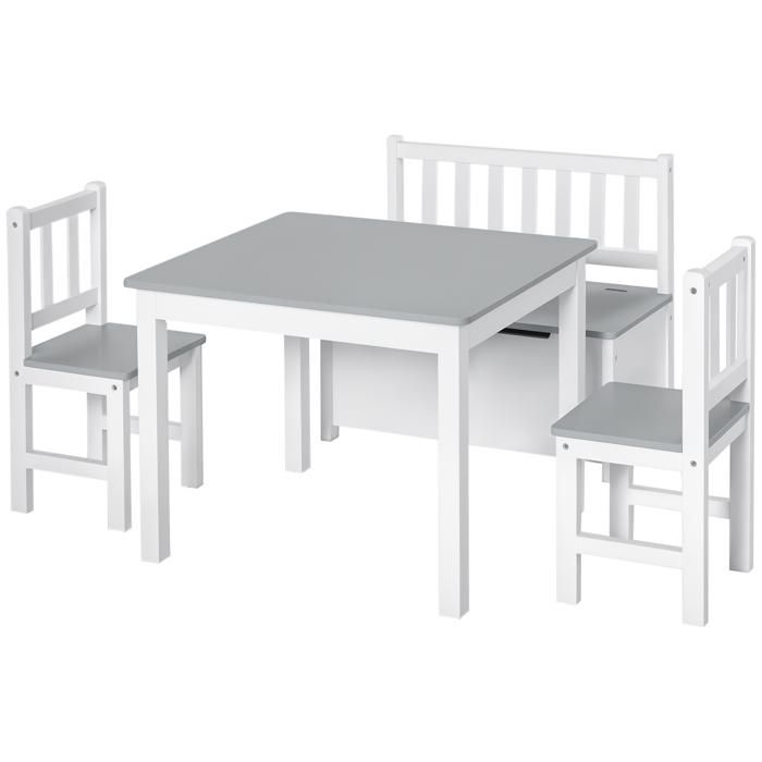 Ensemble table et chaises - HOMCOM - enfant 4 pièces avec banc coffre 2 en 1 mobilier chambre - MDF pin - blanc gris