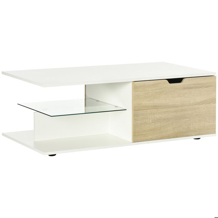Table basse - HOMCOM - rectangulaire contemporain 2 tiroirs 2 niches verre trempé - bois - 106x58x39cm - blanc chêne