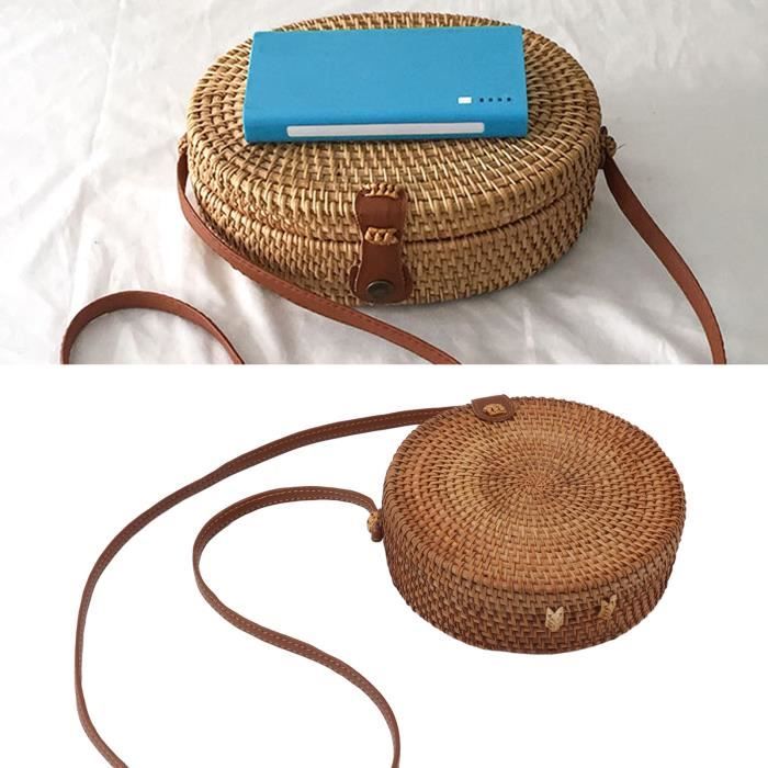Ulisty Sac Rond En Rotin Fait Main - Panier D’Été Plage Avec Bandoulière Pour Femmes Et Filles