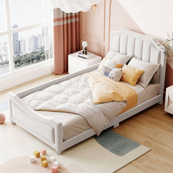 Lit enfant 90x200cm en flanelle - Certifié EN747 - Rembourré avec dossier accoudoir et sommier à lattes - Beige