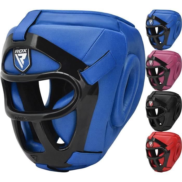 RDX Casque de Boxe MMA Entraînement Maya Hide Cuir Head Guard Grille Amovible Muay Thai Sparring Arts Martiaux Kickboxing, Bleu, L