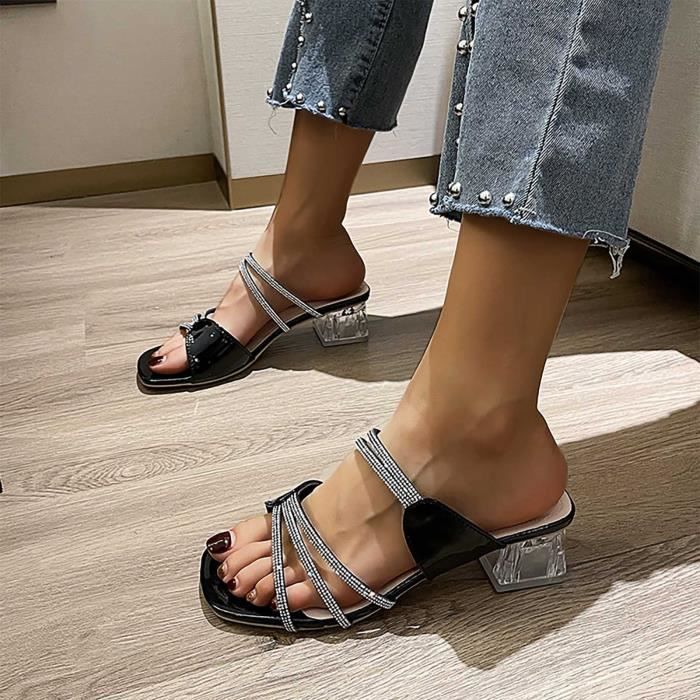 Sandales à Talons Plateformes Femme - Noir, Perles Décoratives, Semelle Antidérapante, Pour L'Été, Soirée Ou Ville - 2