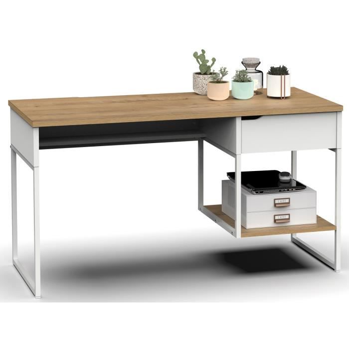 Bureau Table de Travail en aggloméré Finition chêne avec Pieds en métal Blanc - Longueur 137.5 x Profondeur 58 x Hauteur 76 cm Bureau Table de Travail en aggloméré Finition chêne avec Pieds en métal Blanc - Longueur 137.5 x Profondeur 58 x Hauteur 76 cm