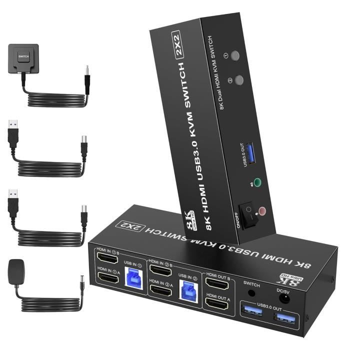 VPFET HDMI KVM Switch 2 PC 1 Monitor 4K60Hz USB 3.0 KVM Switches para 2 Ordenadores Compartir 1 Monitor y 4 Dispositivos USB 3.0 Soporta Controlador de Escritorio Incluye Adaptador y 2 Cables USB3.0
