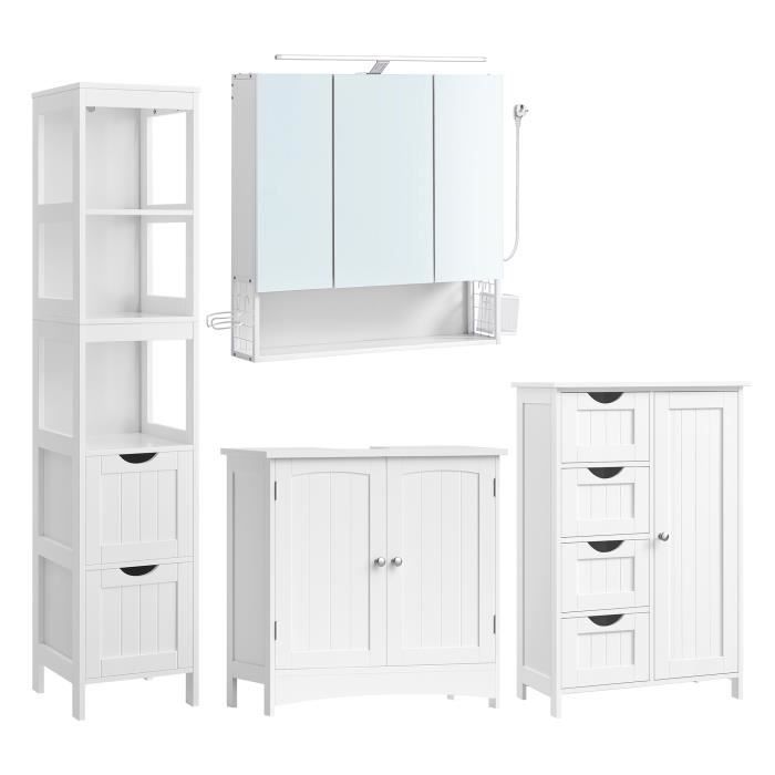 Salle de bain complète Ensemble de 4 Armoire Murale Meuble sous Lavabo Meuble de Salle de Bain Colonne de Rangement Blanc