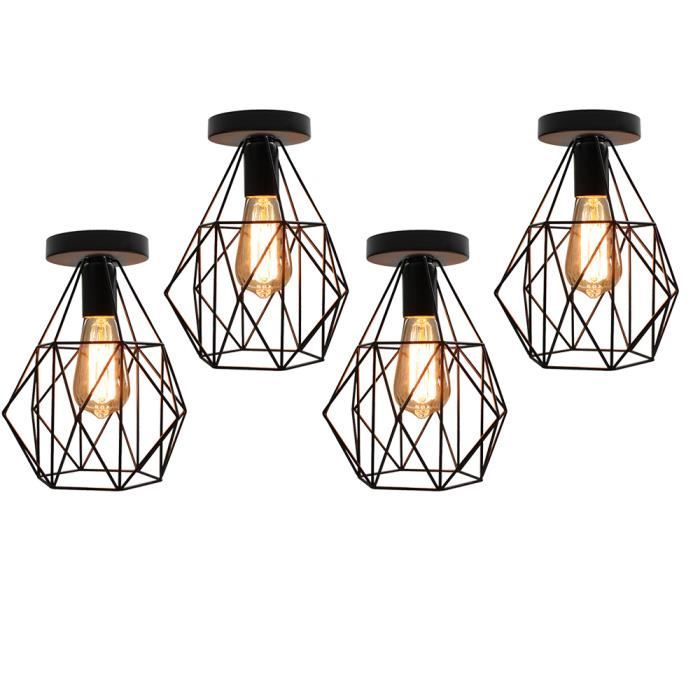 UNI 4PCS Rétro Plafonnier Industrielle Cage en Métal E27 215cm Lampe de Plafond Vintage Loft Noir