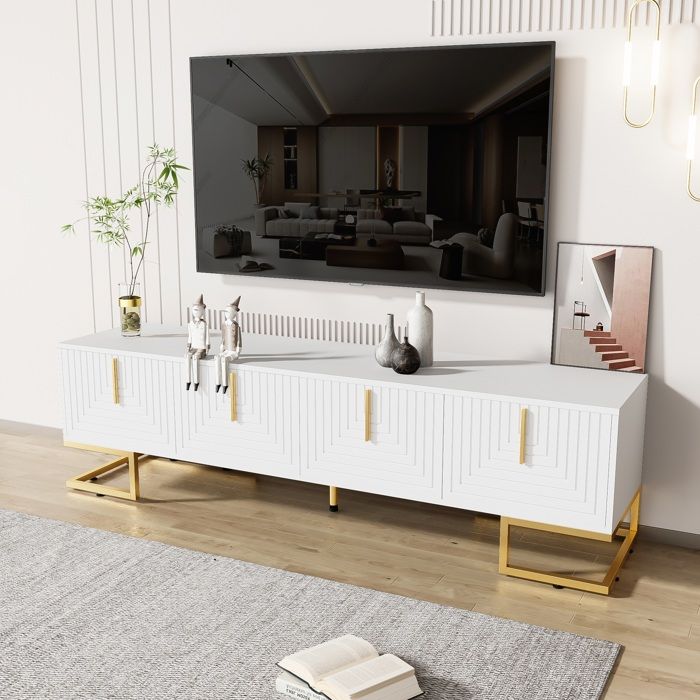 Meuble TV Design avec Portes à Motif - Poignées et Pieds Dorés - Style ...