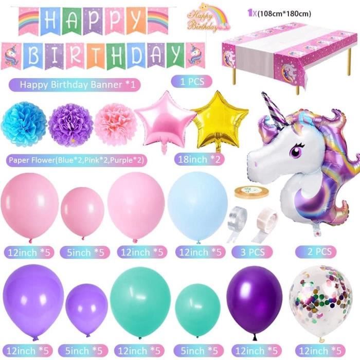 Kit Anniversaire Licorne 4 Ans Fille – Vaisselle, Ballons, Bannière, Décoration Complète Party Licorne