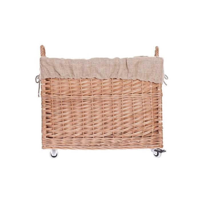 Panier à Linge En Osier Avec Roulettes - Coffre Rangement Naturel Avec Doublure Jute - 62x44x46/52 Cm - Déco Maison Pratique