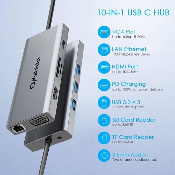 Adaptateur USB C HUB 8 en 1 vers VGA, HDMI 4K, Ethernet RJ45, Port Type C  PD, 2 x USB 3.0 et Lecteur de Carte SD/TF