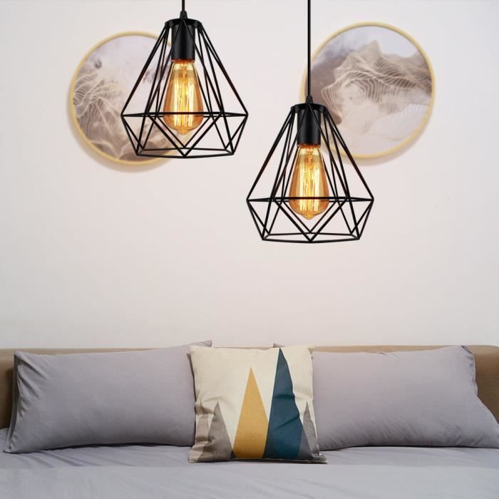 Plafonnier Cage Forme Diamant Noir En Métal Lampe De Plafond Industrielle E27 20cm(2PCS