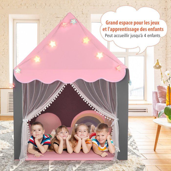 Tente Enfant COSTWAY Tente Tipi Enfant Avec Guirlande De Lumières Tipi Fille De Tapis Jeu Enfant