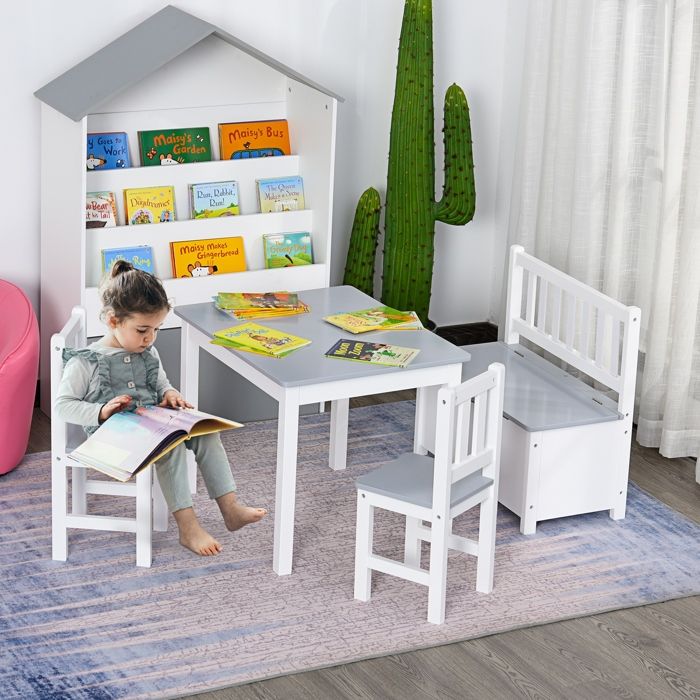 Ensemble de table et chaises enfant - HOMCOM - MDF pin blanc gris