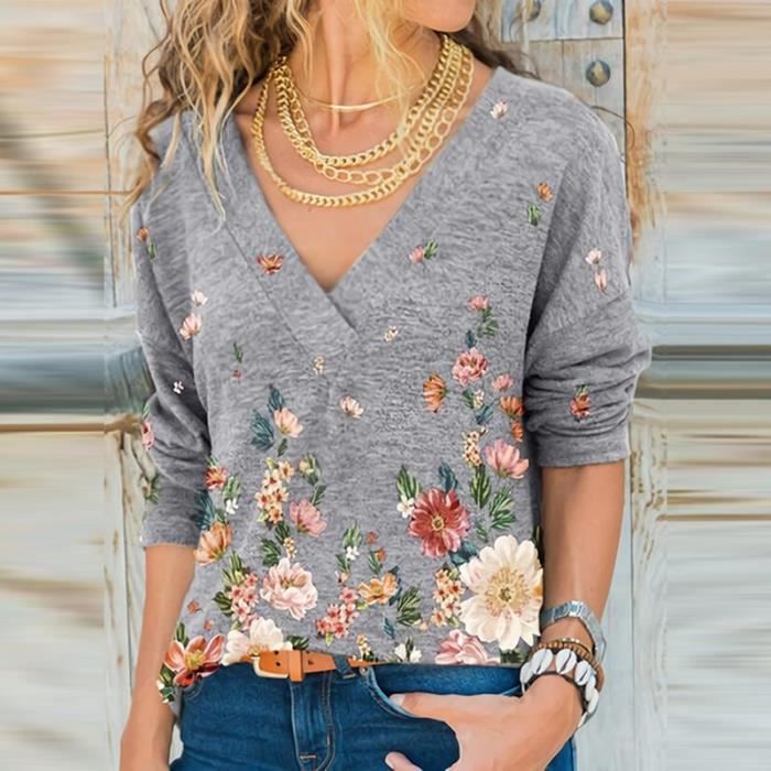 Blouse femme Chemisier a manches longues et col en V profond pour femme haut elegant retro imprime Floral Type Orange Blanc Cdiscount Pret a Porter