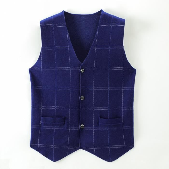 Gilet Homme en Tricot Sans Manches Motif Carreaux Cardigan Elegant