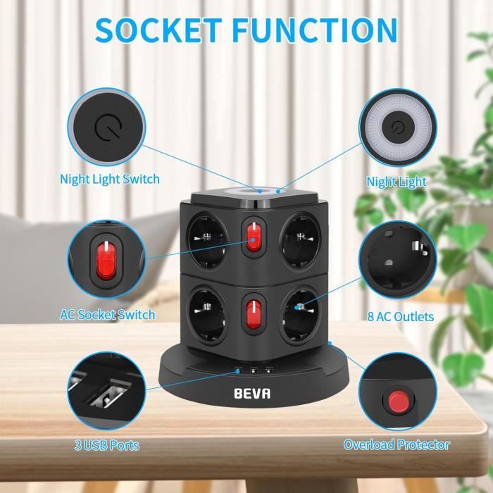 Multiprise Murale Avec Ports USB (A+C) Et Veilleuse - 5 Prises + Parasurtenseur - Blanc