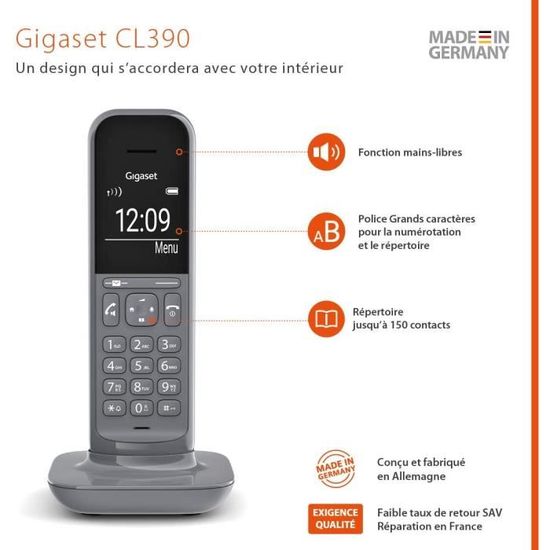 Gigaset Gigaset CL390 Téléphone Fixe sans Fil Blocage Ecran Lumineux Agenda 150 Gr 