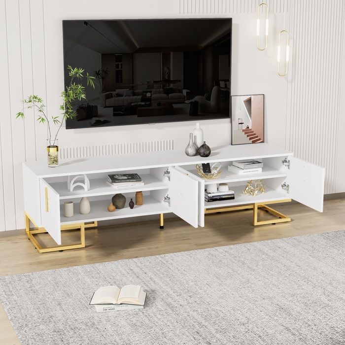 Meuble TV Design avec Portes à Motif - Poignées et Pieds Dorés - Style ...