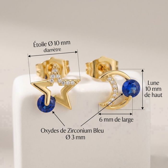 Boucles D'oreilles Puces Pour Enfant - Motif Lune Et Étoile Avec Cristal Bleu - Plaqué Or - Neuf Avec étiquettes
