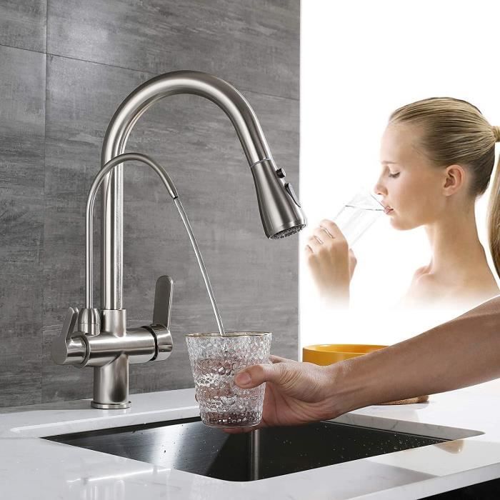Mitigeur 3 voies robinet cuisine NOIR avec douchette eau chaude / eau  froide et bec indépendant pour l'eau filtrée - Cdiscount Bricolage