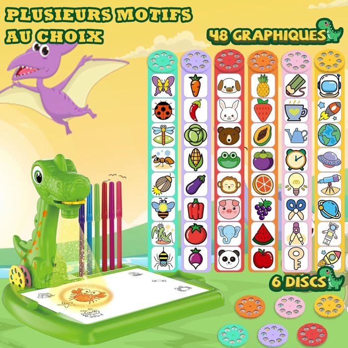 BuzzoXerex Projecteur Dessin Enfants, 48 Pièces Tableau Dessin Projection Set avec 48 Motifs, Carnet de Croquis, Carnet d'autocollants, Crayons de Couleur pour Enfants 3-10 Ans (Vert