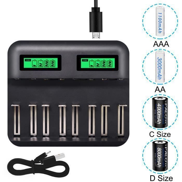 8 Slots Chargeur AA AAA Piles C D Batterie rechargeable, Chargeur de  batterie USB intelligent multifonction LCD - Cdiscount Bricolage