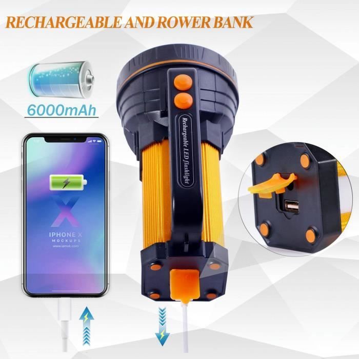 Lampe Torche LED Super Lumineuse, Rechargeable, Multifonction, Extérieur