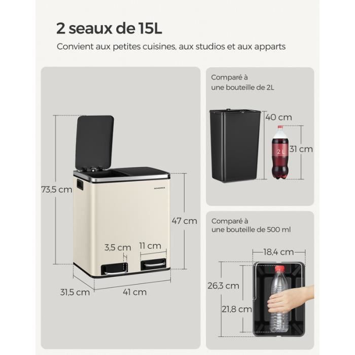 Poubelle De Cuisine 90L Avec 2 Compartiments Coulissants - Fermeture Douce Et Presse-boîte Offert