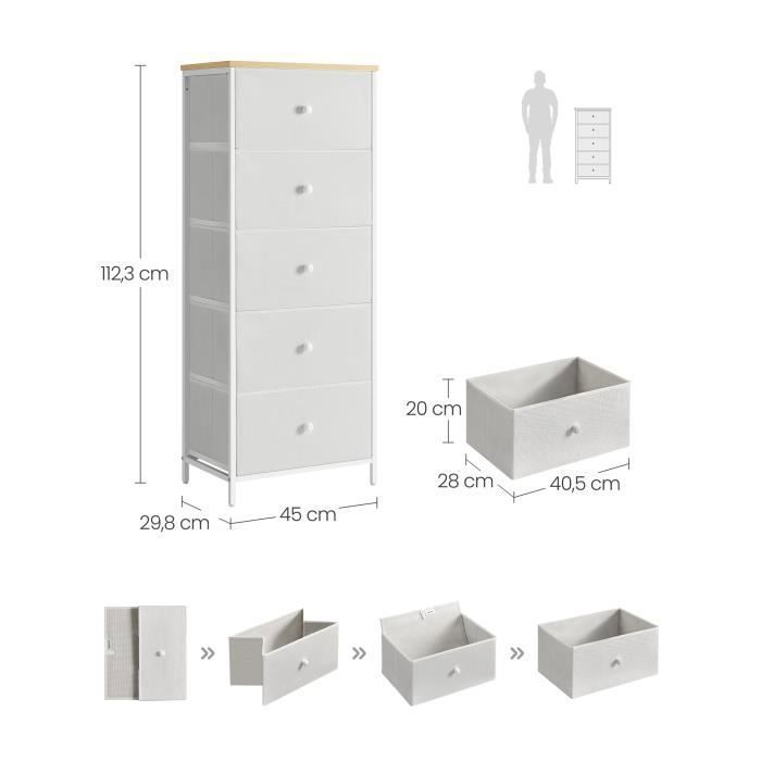 SONGMICS HOME Commode Chambre, Assemblage Rapide sans Outils Toolless, Coiffeuse, Meuble de Rangement, avec Étagère, Côte à Côte ou en L, pour Chambre, Bureau, Blanc Neige LTS656W01