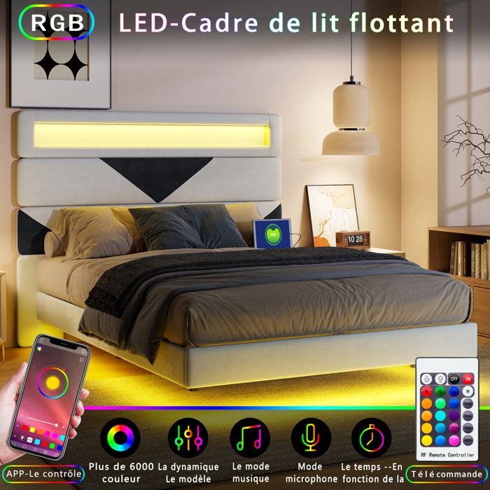 Lit Double 140x200cm Avec Lampes LED Pour Adulte - Cadre De Lit Flottant Avec Sommier à Lattes