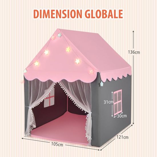 Tente De Jeux Enfant Avec Guirlandes Lumineuses - 120x101x143cm, 4 Fenêtres, Tapis Doux - Pour 3-10 Ans