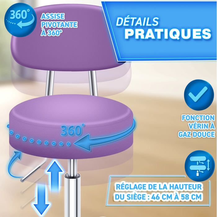 SONGMICS Tabouret de Bar à roulettes, Chaise Réglable en Hauteur, Siège