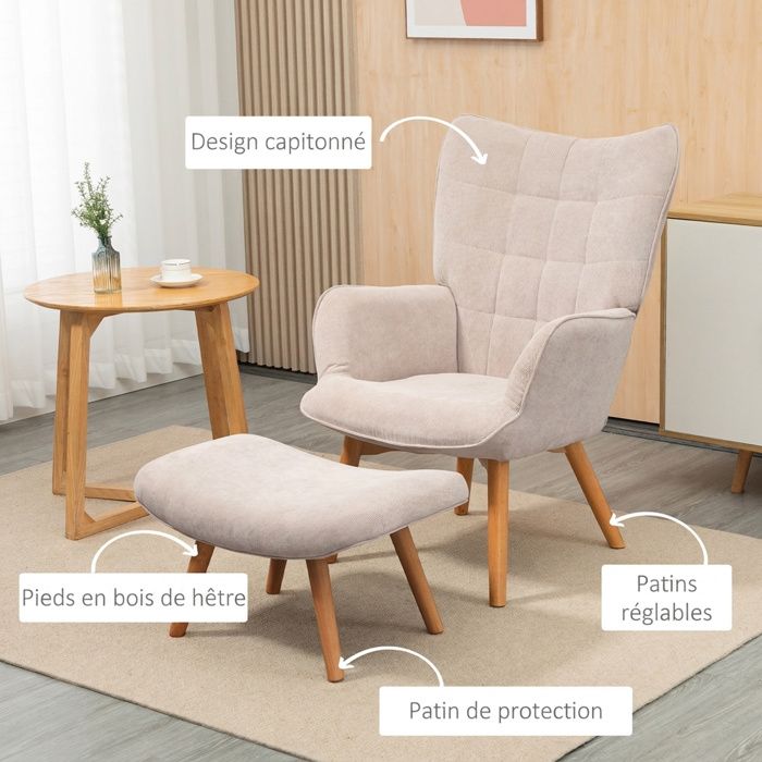 Fauteuil Avec Repose-Pieds HOMCOM - Fauteuil Salon Gris Bouclette Avec Pieds Dorés, Confort Et Élégance Moderne
