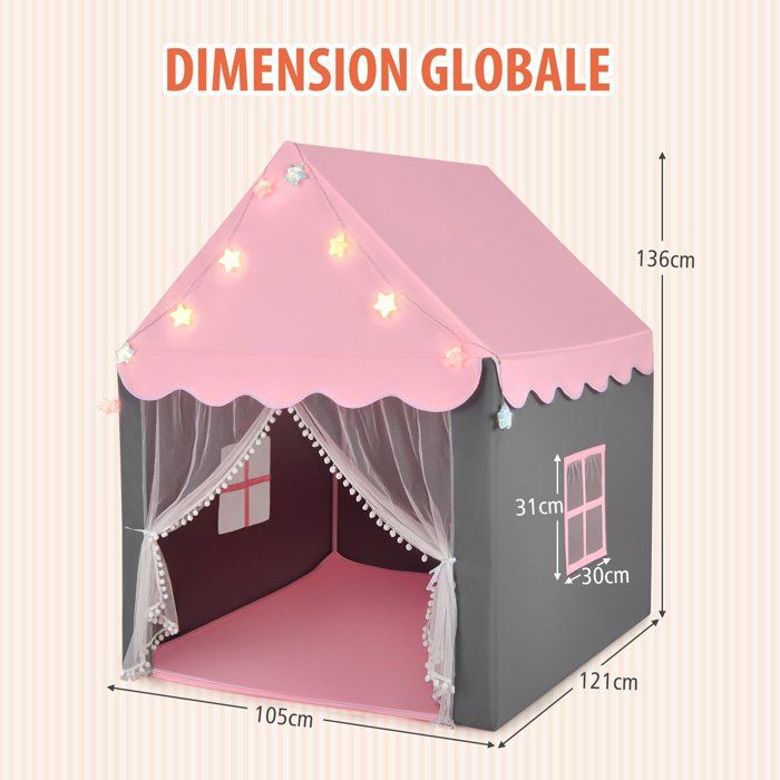 COSTWAY Tente de Jeu Enfants avec Lumières d'Étoiles & Drapeau, Cabane Enfants avec Tapis en Coton & Rideau en Gaze, Poche Latérale, Structure Stable