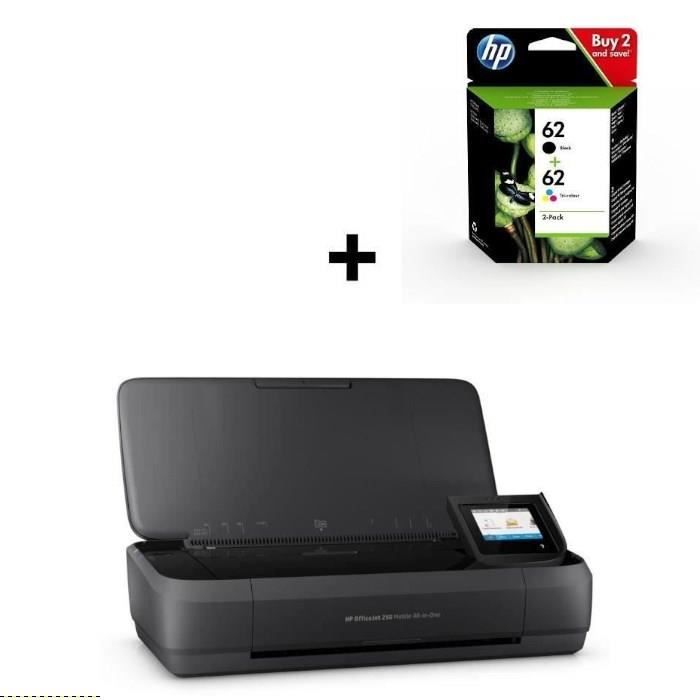 HP Officejet 250 - Imprimante multifonction portable + HP 62 pack cartouches authentiques d'encre no