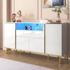 Lemonbest Buffet Salon 150cm Blanc Haute Brillance avec Lumière LED Compartiment Ouvert 4 Portes et 1 Tiroirs Commode 150x40x80cm