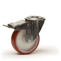 Roulette pivotante à frein Ø80 fixation à trou central ( oeil ), polyuréthane rouge moyeu à billes