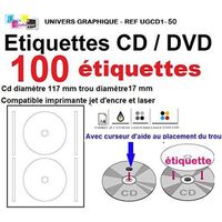 100 étiquettes CD DVD autocollante autocollant diamètre 117 mm trou 17 mm livré avec curseur de placement feuille de 2 étiquettes