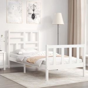 STRUCTURE DE LIT Cadre de lit en bois massif blanc - AKOZON - Dimensions 195,5 x 95,5 x 104 cm - Pour matelas 90 x 190 cm