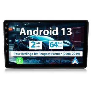 AUTORADIO JUNSUN Autoradio Android 12 2Go+64Go pour Berlingo 2(2008 - 2019) avec 9 Pouces Écran Tactile Carplay Android Auto GPS Wi-FI