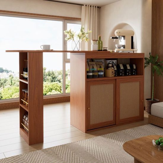 Table Haute Pivotante à 360°,Design Extensible,Armoire De Rangement Avec Porte En Rotin + étagère Ouverte,107x40x71.4cm,Marron - Maison