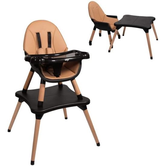 Chaise haute évolutive EVA 2 en 1 dès 6 mois avec pieds en bois - transformable en chaise enfant + bureau de 3 à 5 ans (Marron)