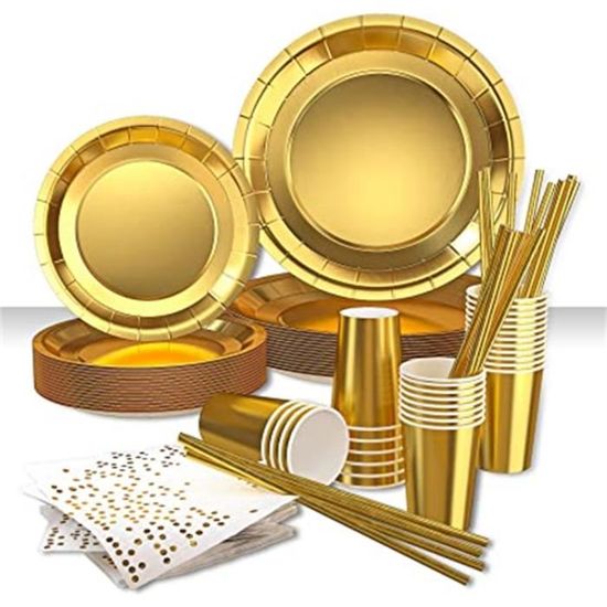 120pcs Kit Vaisselle Jetable Anniversaire Or Assiette Dîner Tasse
