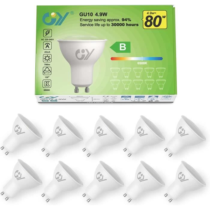 GU10 Classe énergétique B ampoule LED blanc Froid 4.9W 790lm 6500K, angle de lumière 120