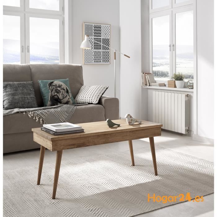 Hogar24-Table basse relevable design vintage, en bois massif naturel, fabrication artisanale. 100 cm x 50 cm x 47 cm